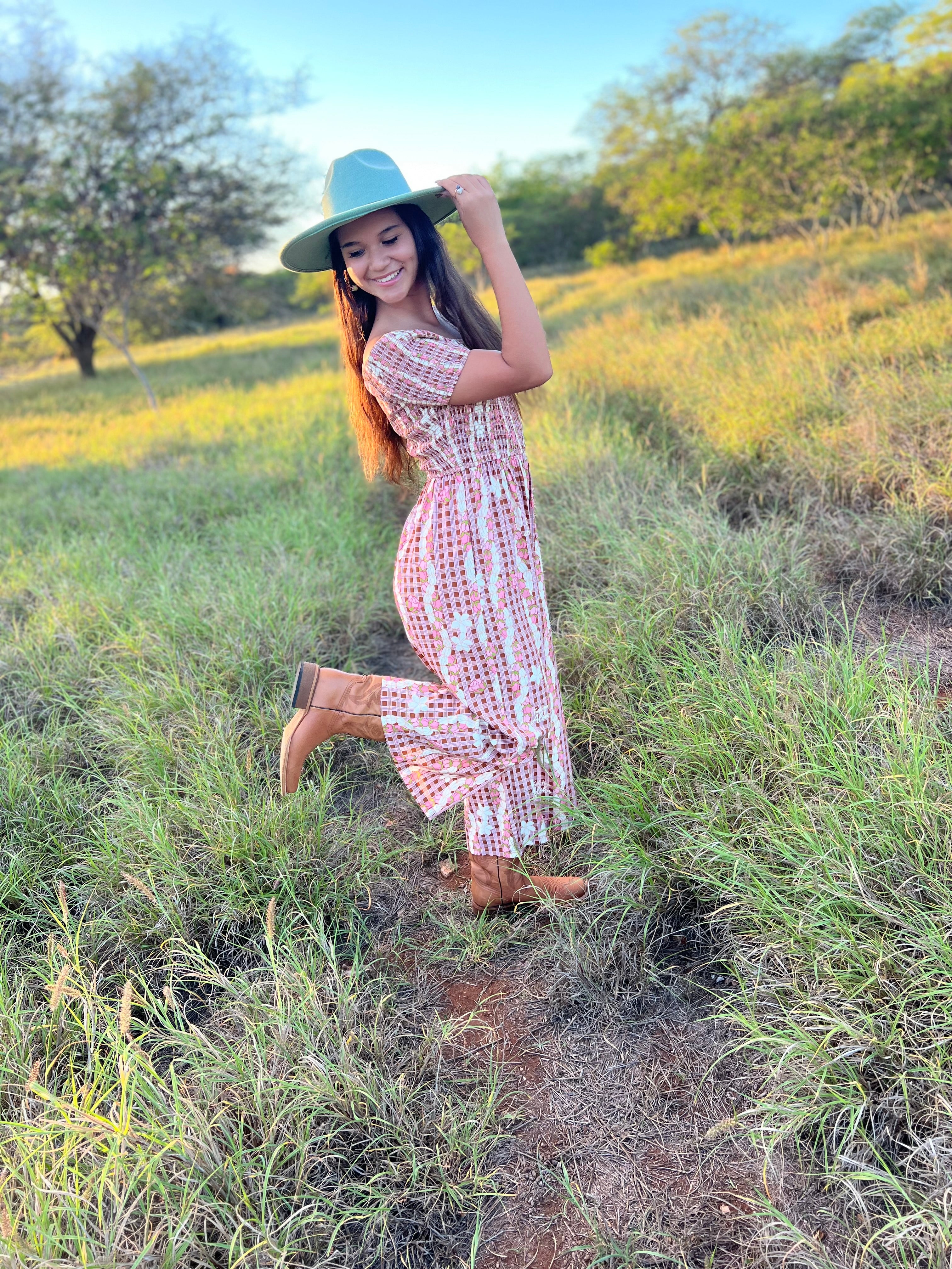 Pink/Brown Palaka w/Pikake and Lokelani Lei Jumpsuit