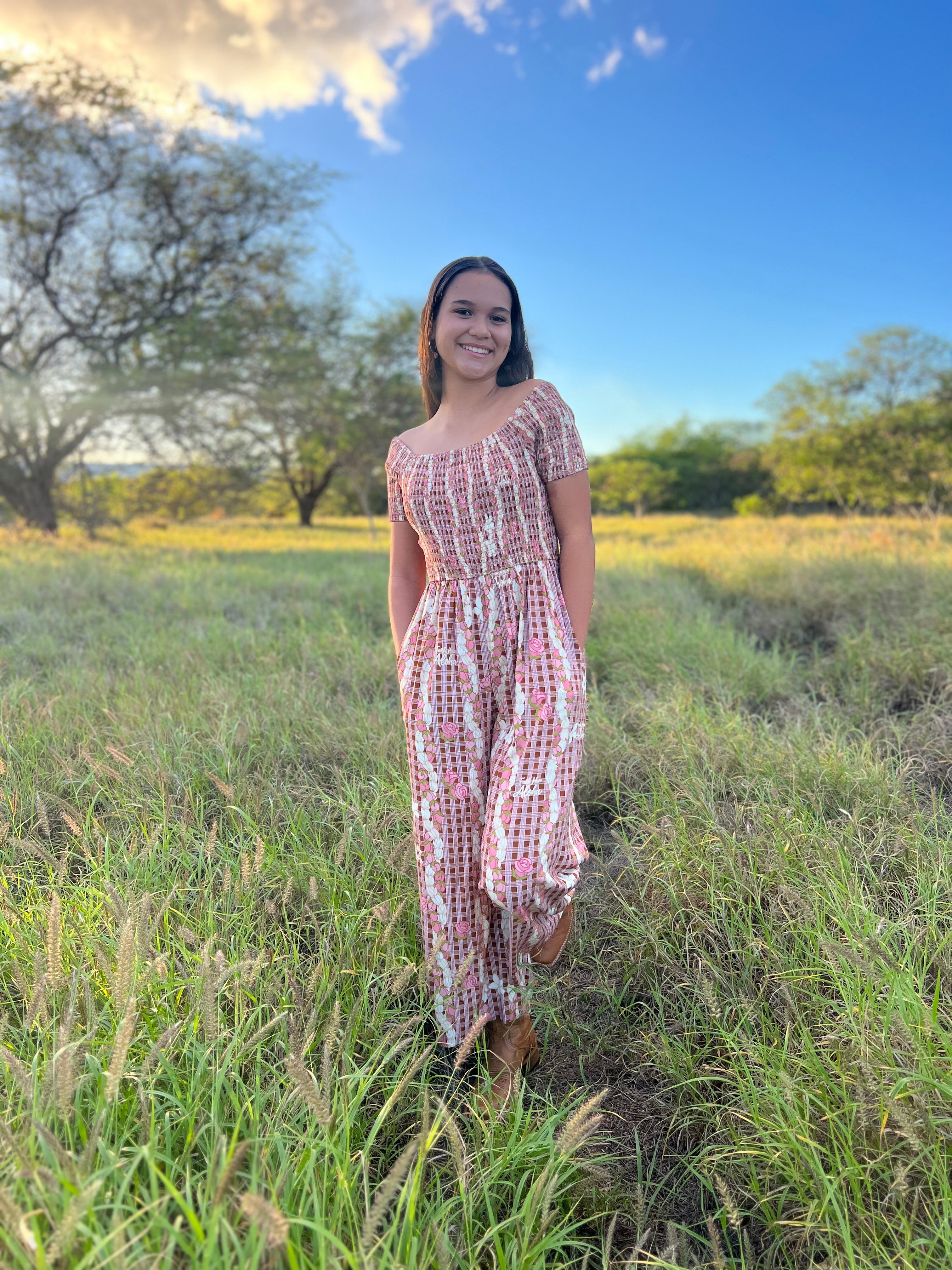 Pink/Brown Palaka w/Pikake and Lokelani Lei Jumpsuit