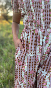 Pink/Brown Palaka w/Pikake and Lokelani Lei Jumpsuit